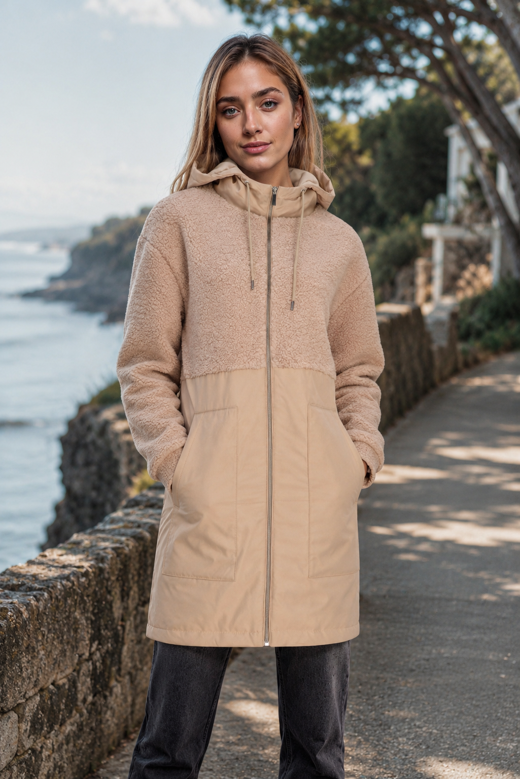 Women’s Beige Sherpa Hooded Puffer Jacket – Warm Full-Zip Winter Coat