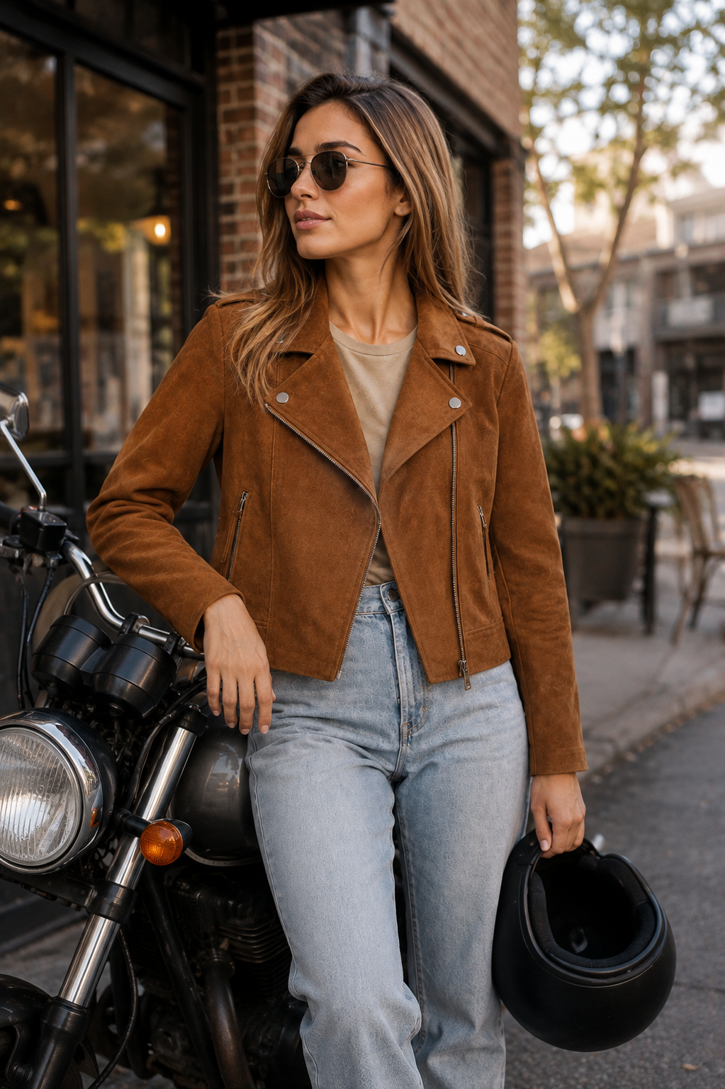 Women’s Suede Moto Biker Jacket - Tan