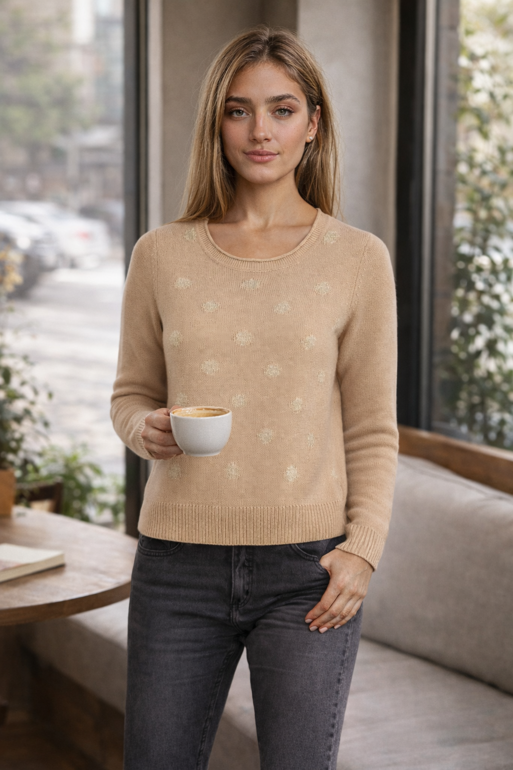 Beige Spotted Crew Neck Wool Blend Jumper