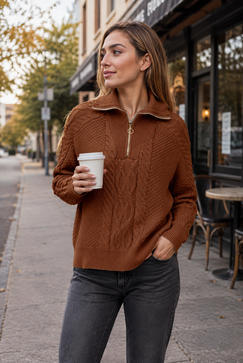 Women's Textured Cable Knit Zip Collar Pullover Jumper - Brown