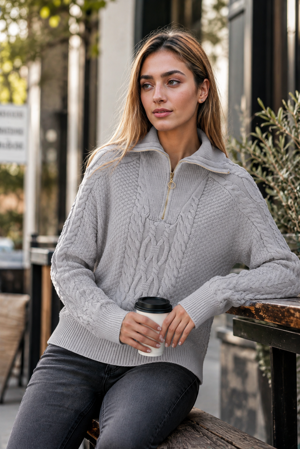 Women's Textured Cable Knit Zip Collar Pullover Jumper - Mid Grey