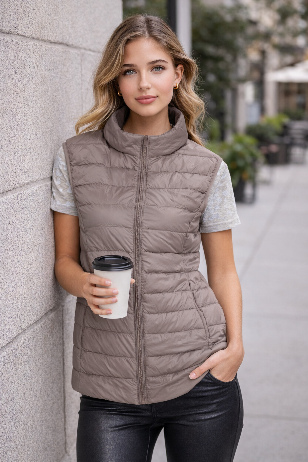 Women’s Taupe Puff Down Vest – Lightweight, Warm & Stylish Layer