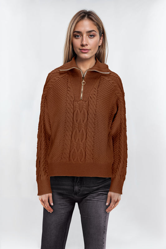 Women's Textured Cable Knit Zip Collar Pullover Jumper - Brown