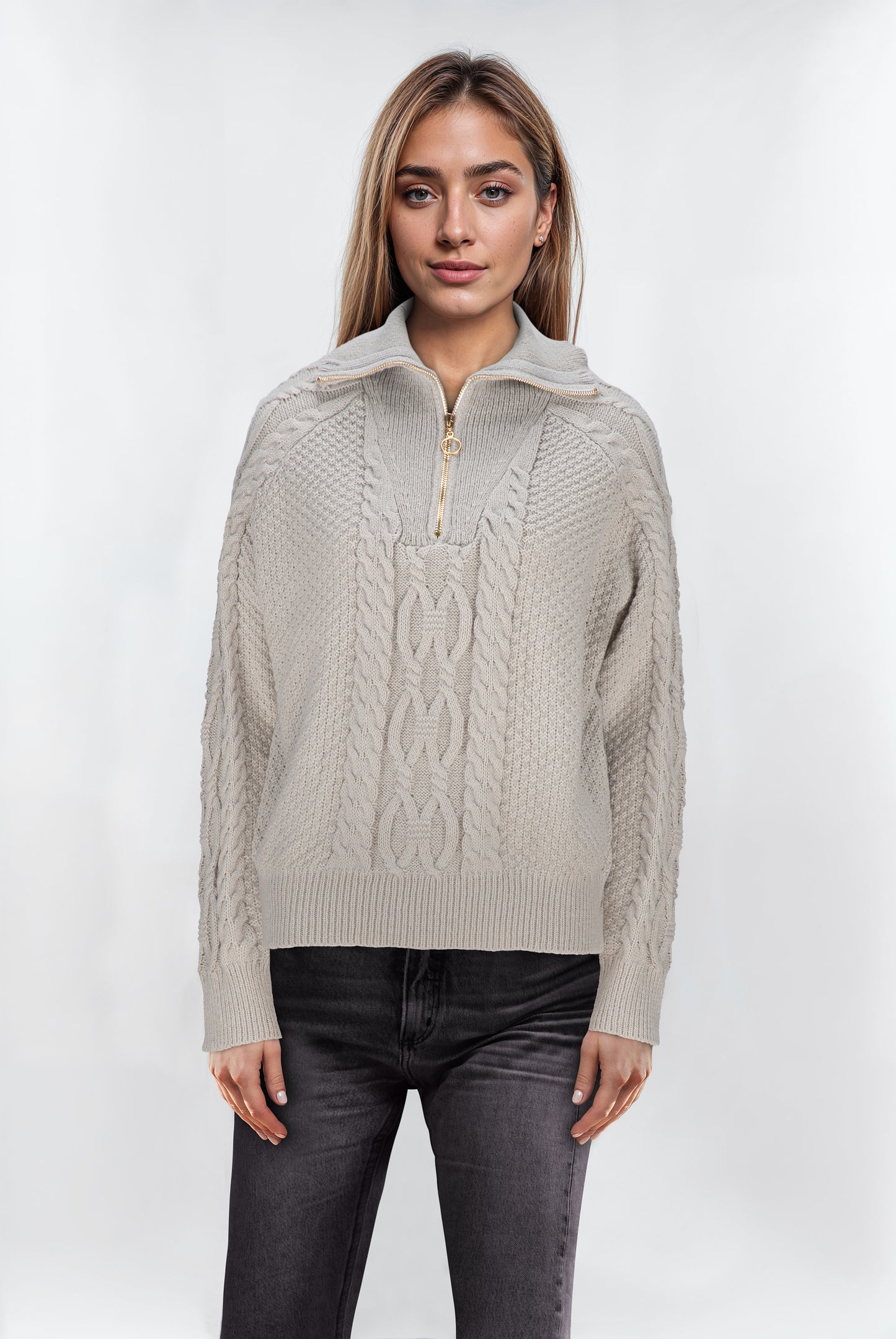 Women's Textured Cable Knit Zip Collar Pullover Jumper - Light Grey