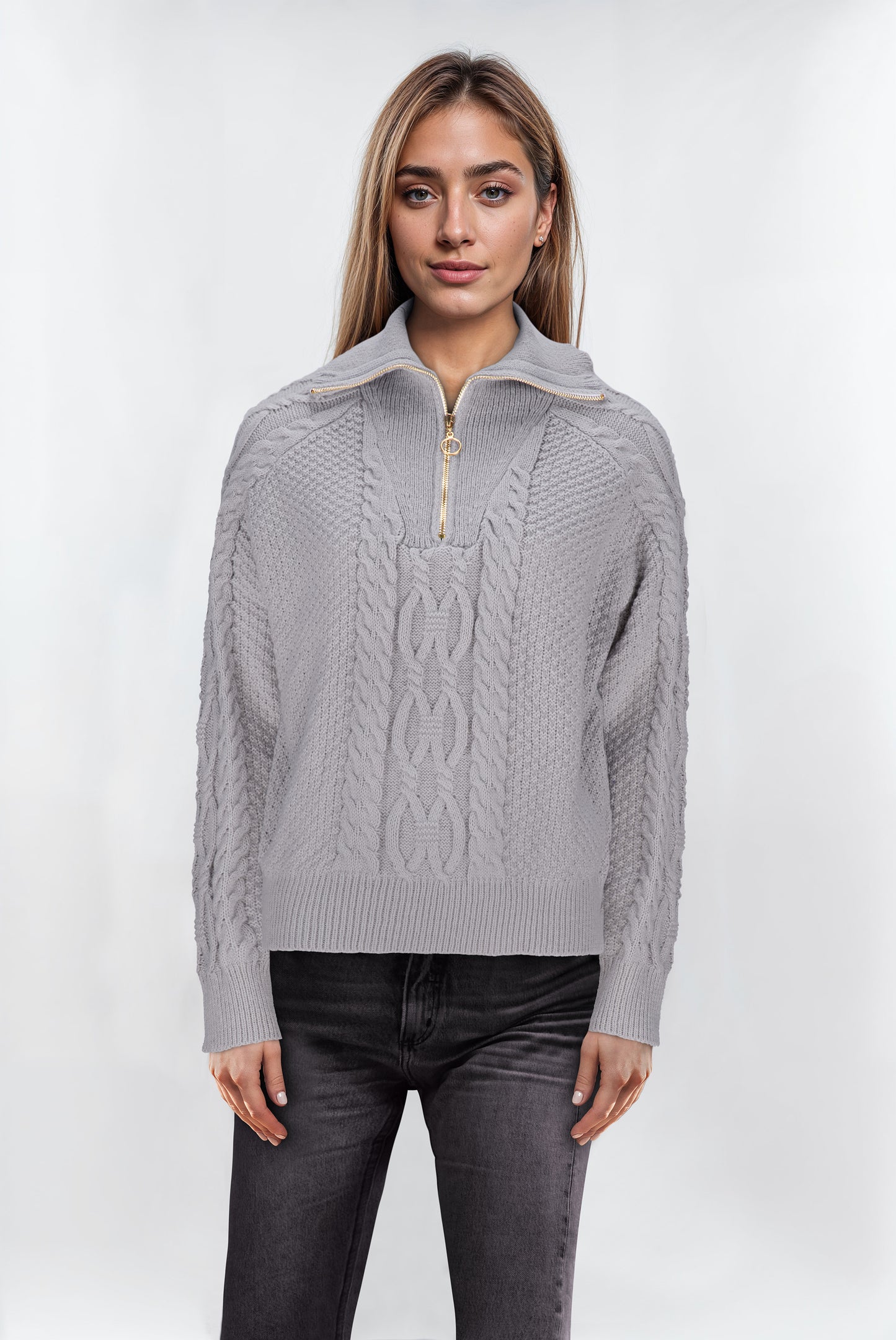 Women's Textured Cable Knit Zip Collar Pullover Jumper - Mid Grey