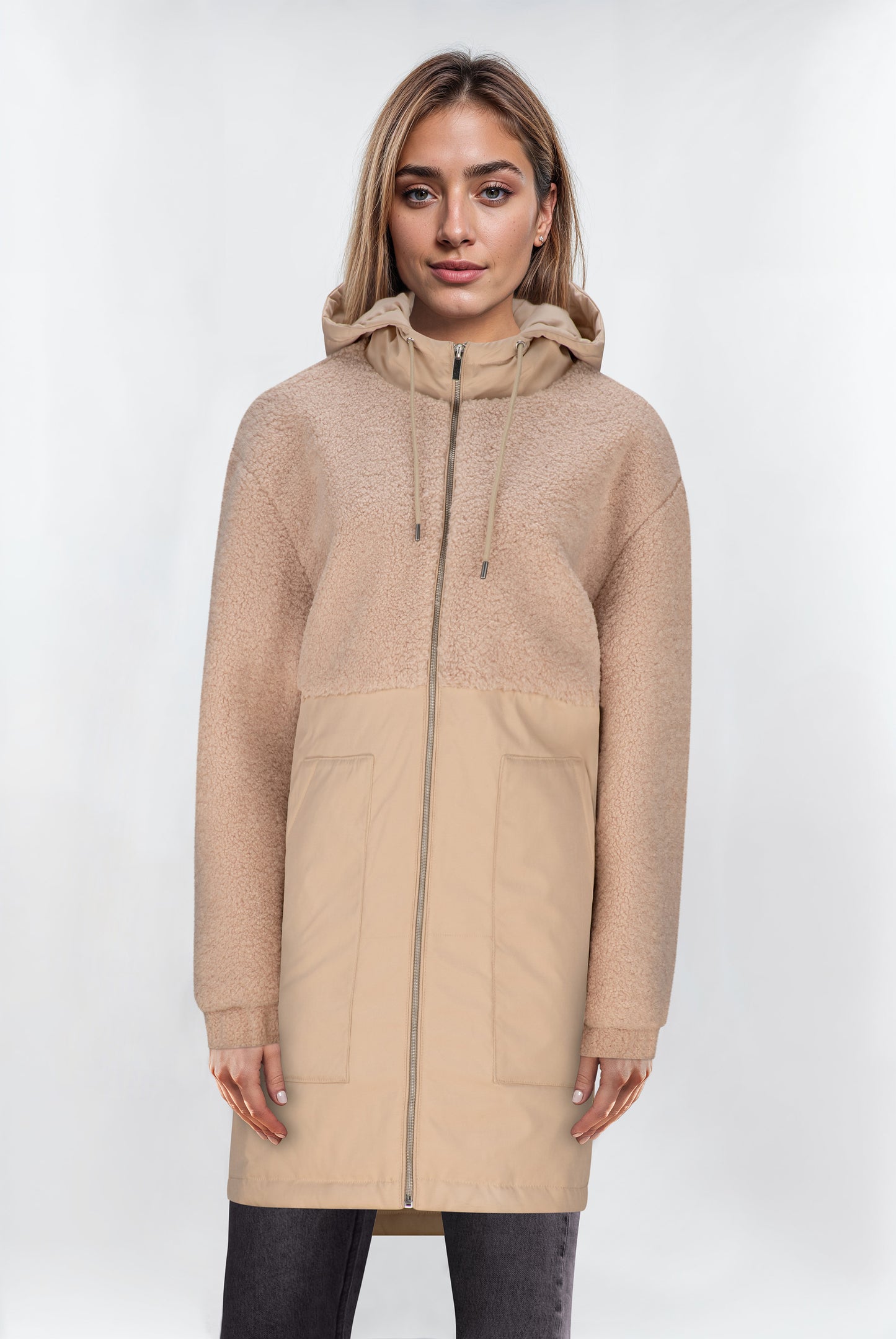 Women’s Beige Sherpa Hooded Puffer Jacket – Warm Full-Zip Winter Coat