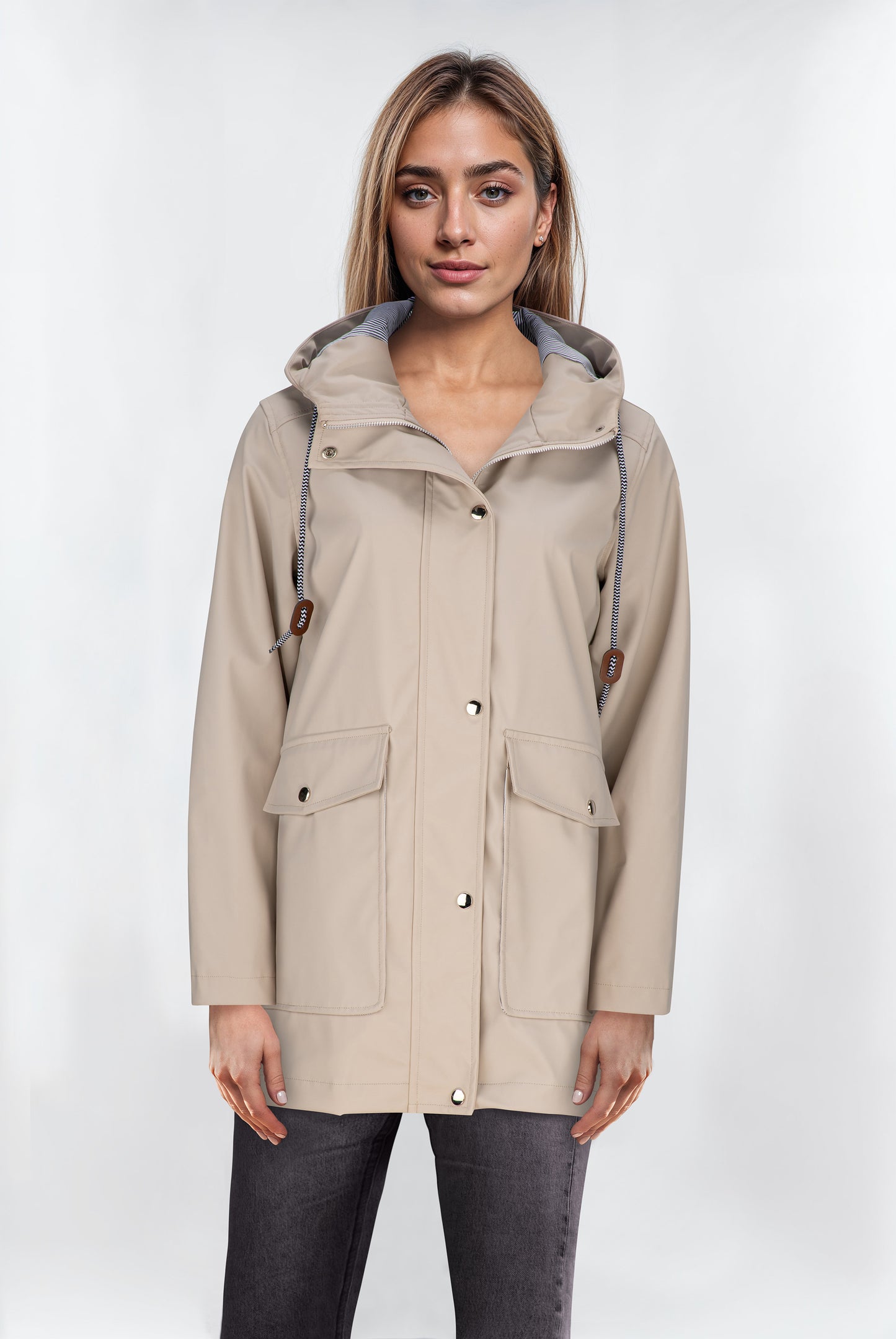 Women's Waterproof Hooded Rain Jacket with Striped Lining - Stone