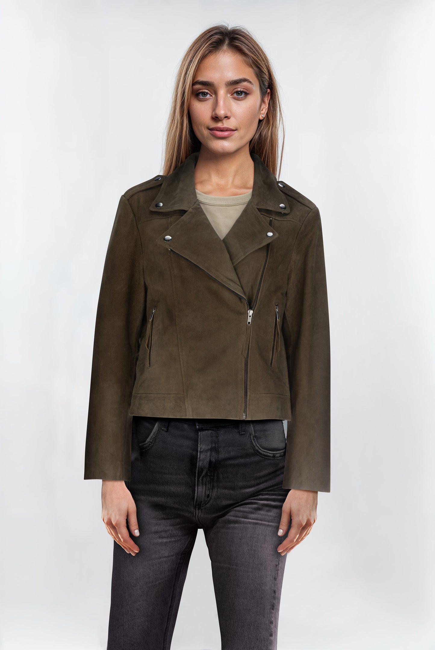 Women’s Suede Moto Biker Jacket - Olive Green