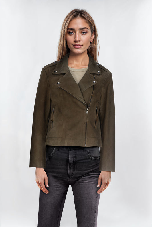 Women’s Suede Moto Biker Jacket - Olive Green