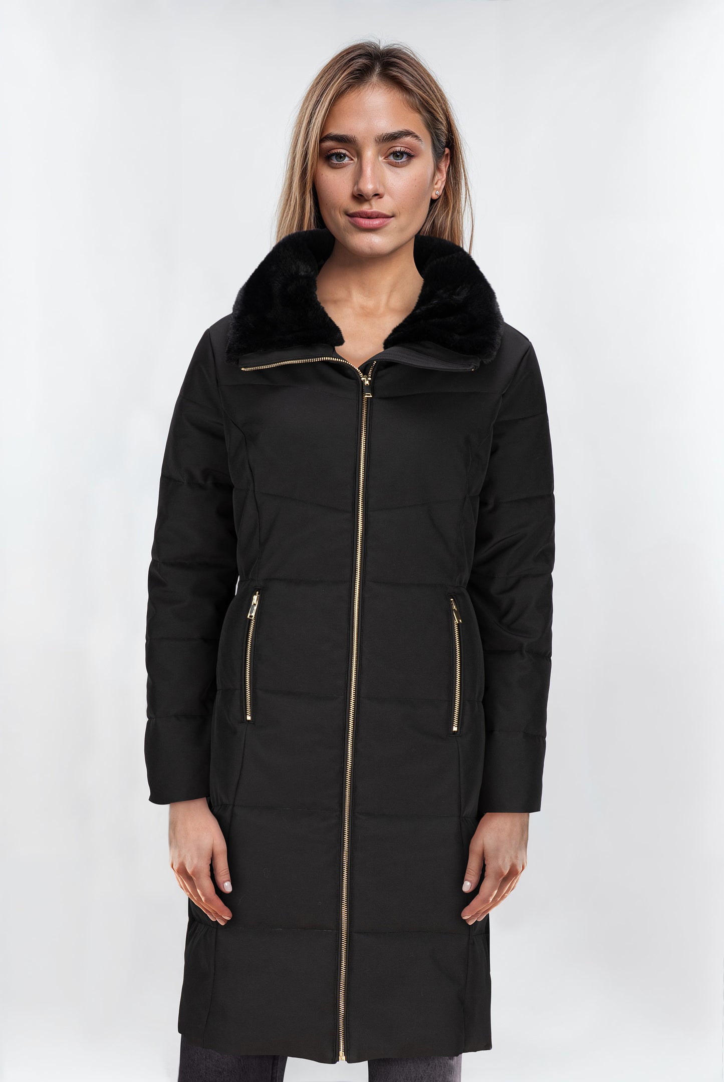 Women's Long Black Puffer Coat with Faux Fur Trim Collar