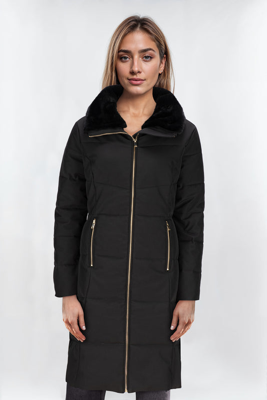 Women's Long Black Puffer Coat with Faux Fur Collar