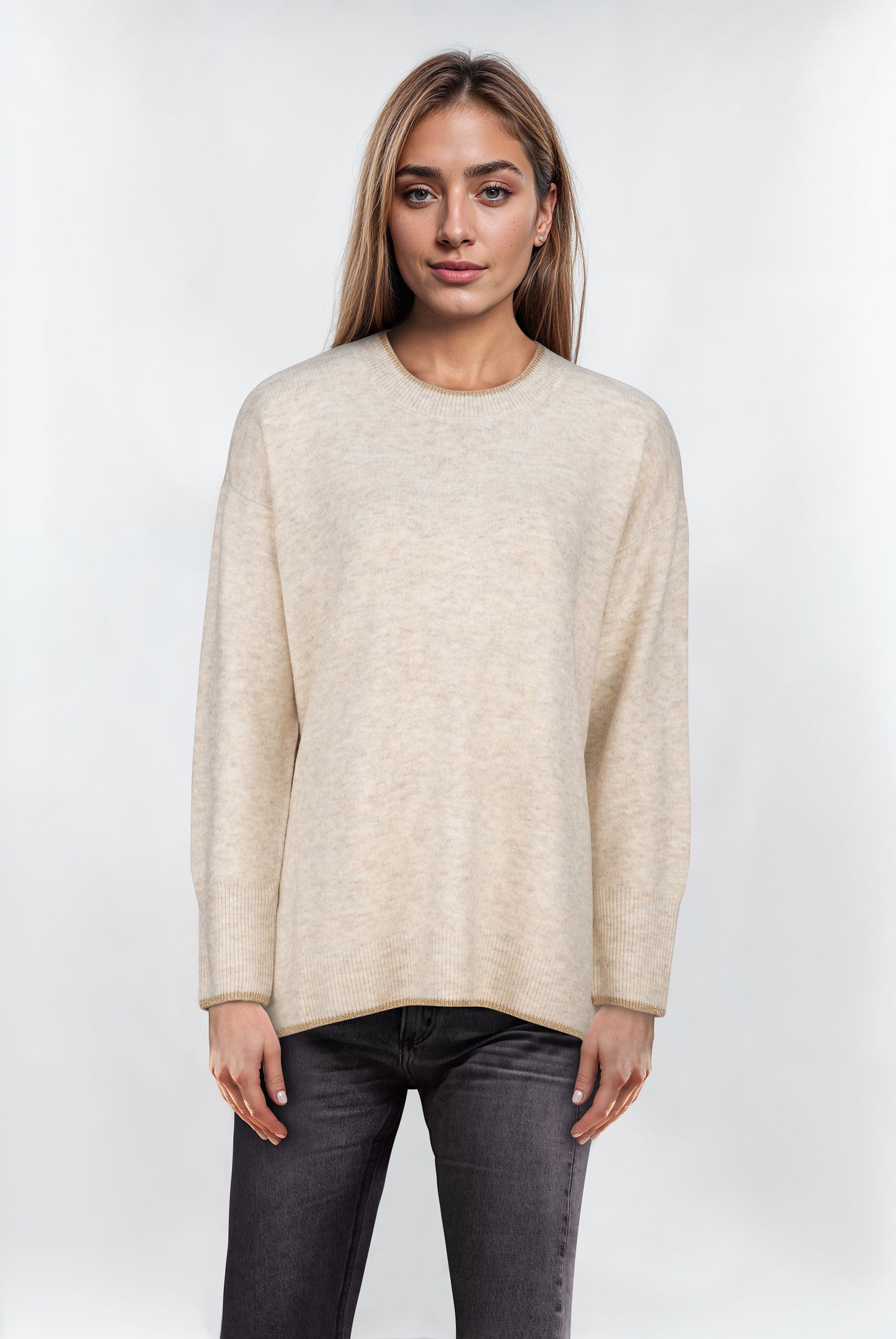 Women's Ease Beige Contrast Trim Crewneck Jumper