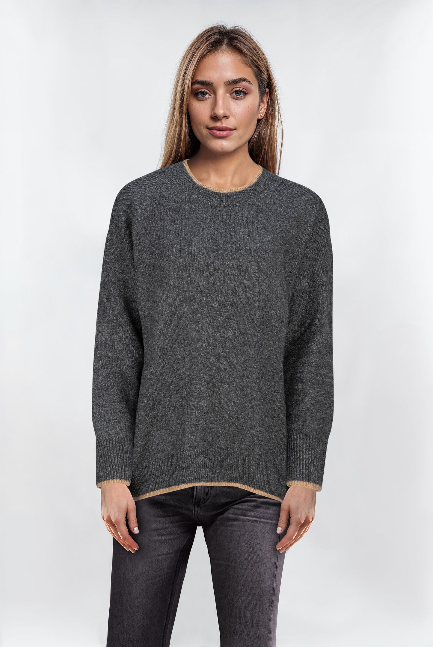 Women's Dark Grey Contrast Trim Crewneck Jumper