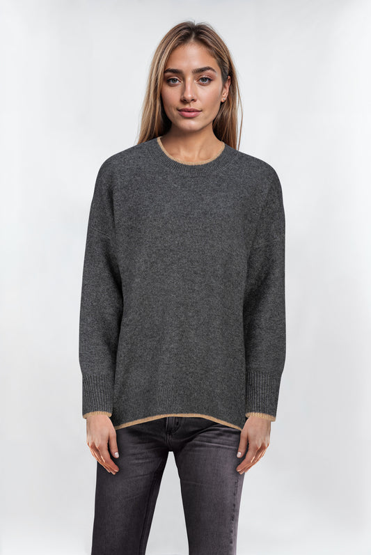 Women's Dark Grey Contrast Trim Crewneck Jumper