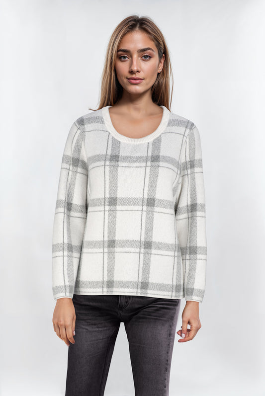 Women's White Check Design Crew Neck Jumper