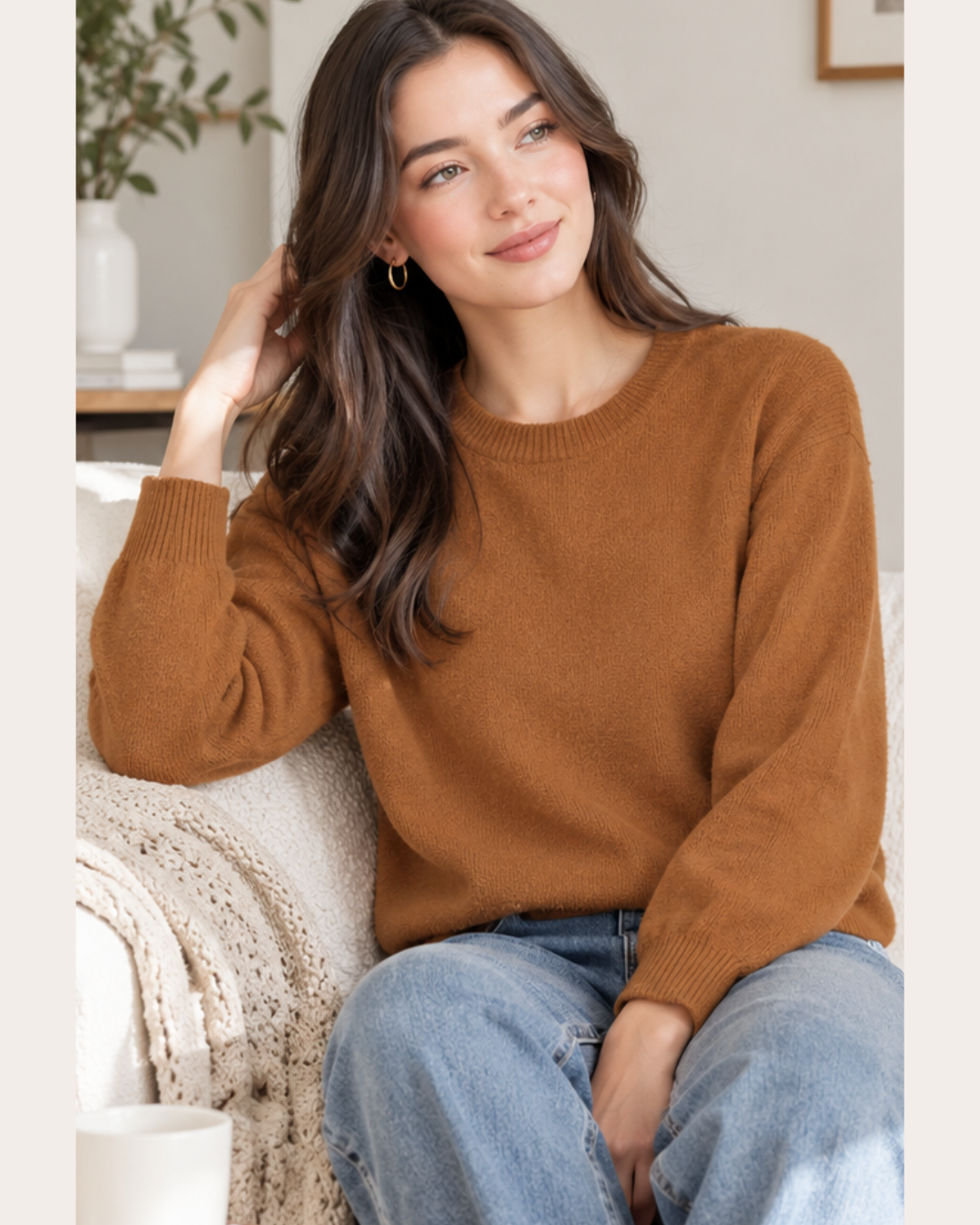 Women's Brown Shaggy Crew Neck Jumper