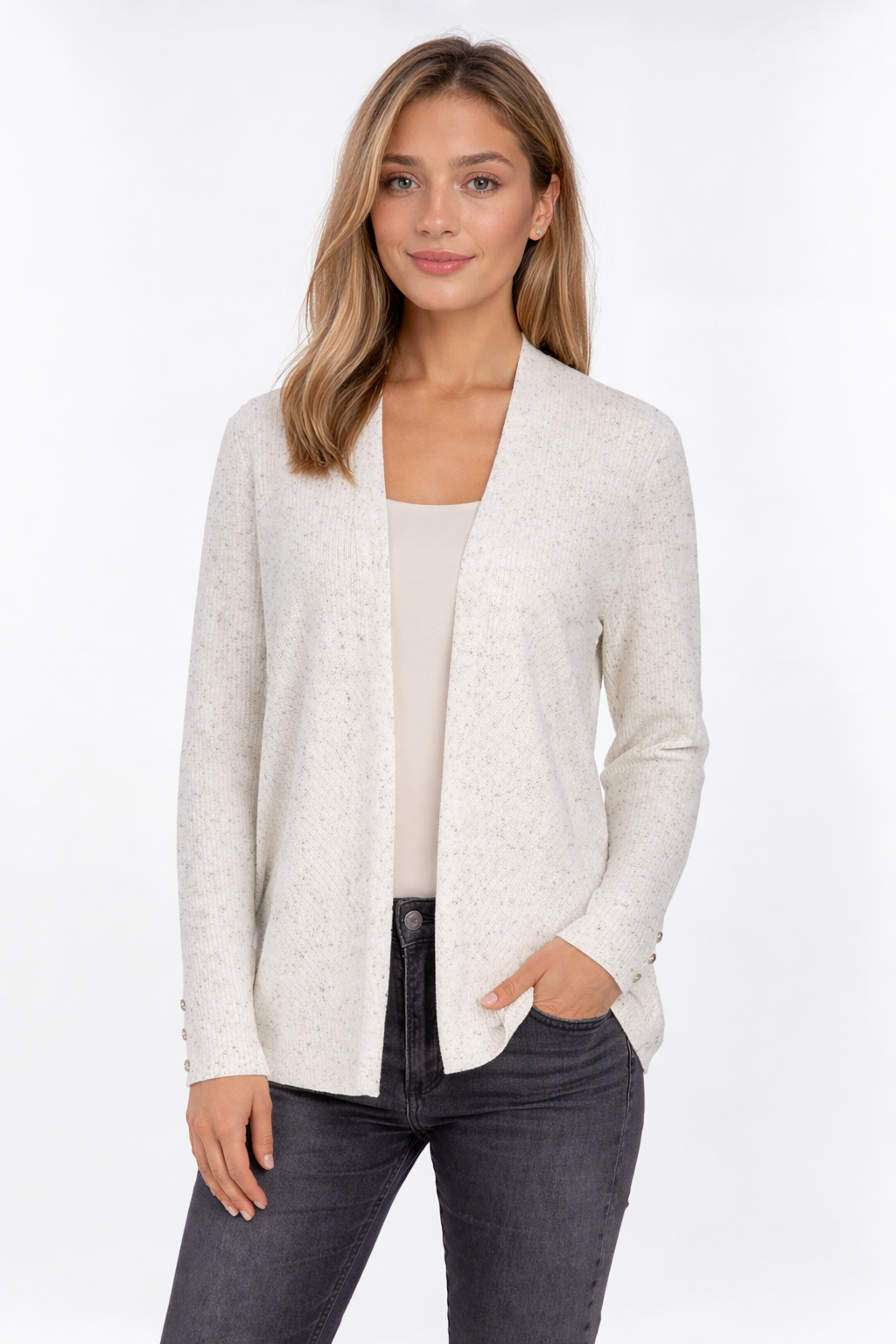 Edge to Edge Fleck Light Grey Lightweight Open-Front Knit Cardigan