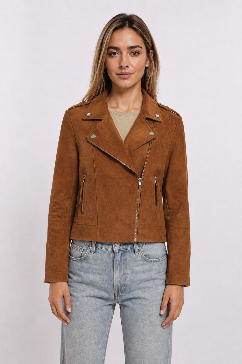 Women’s Suede Moto Biker Jacket - Tan