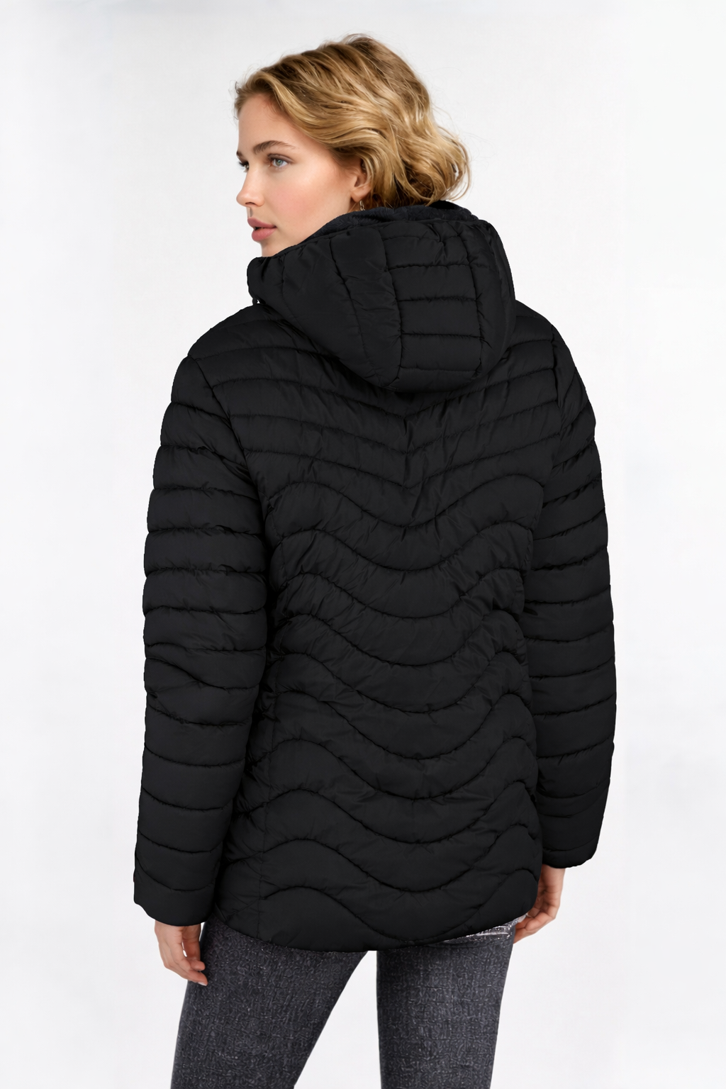 Women's Black Padded Jacket with Faux Fur Lining