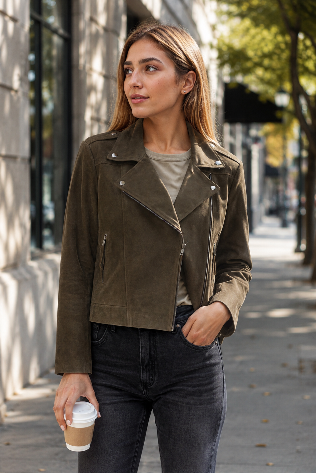 Women’s Suede Moto Biker Jacket - Olive Green