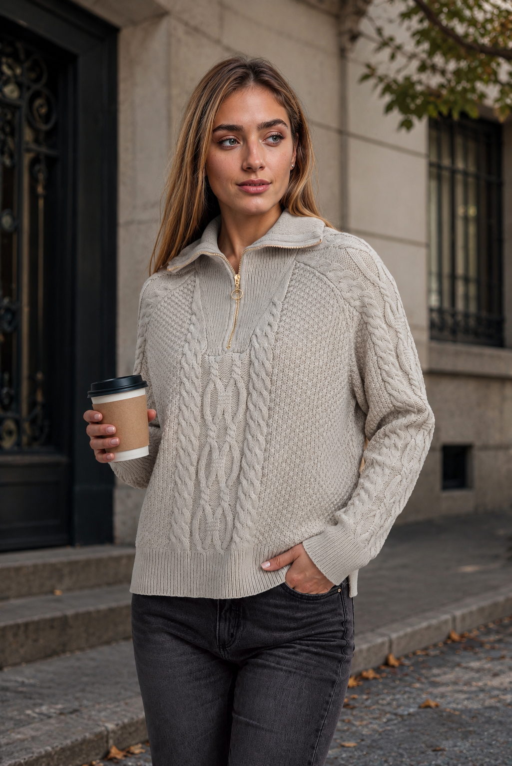 Women's Textured Cable Knit Zip Collar Pullover Jumper - Light Grey