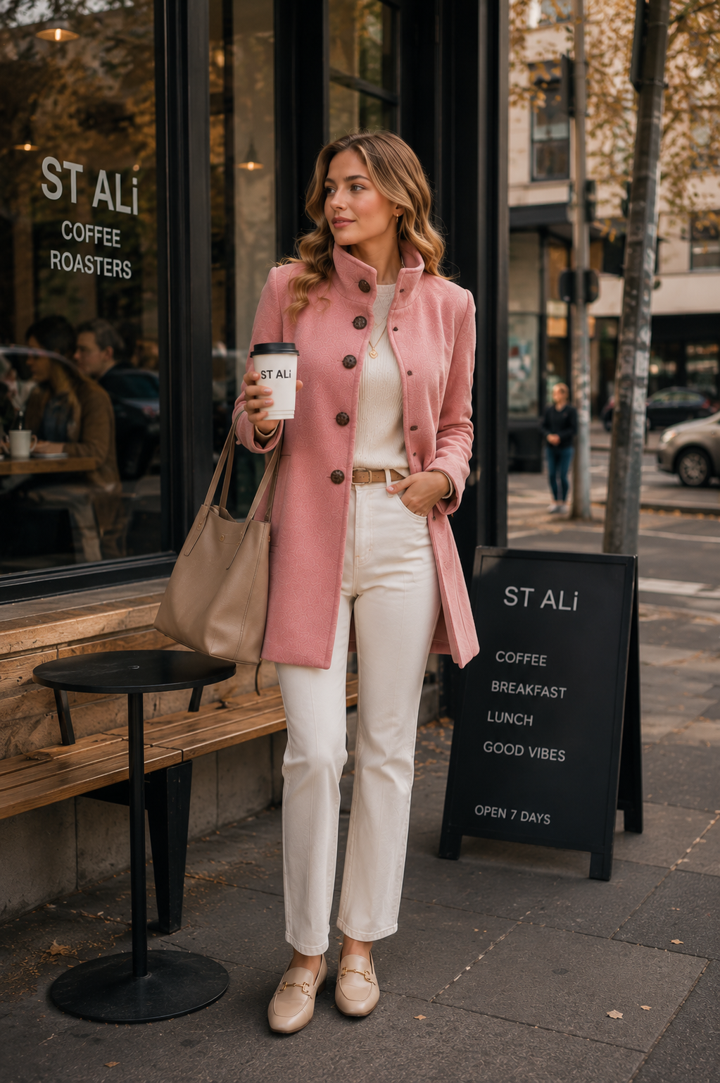 Women's Pink Boucle Funnel Neck Coat