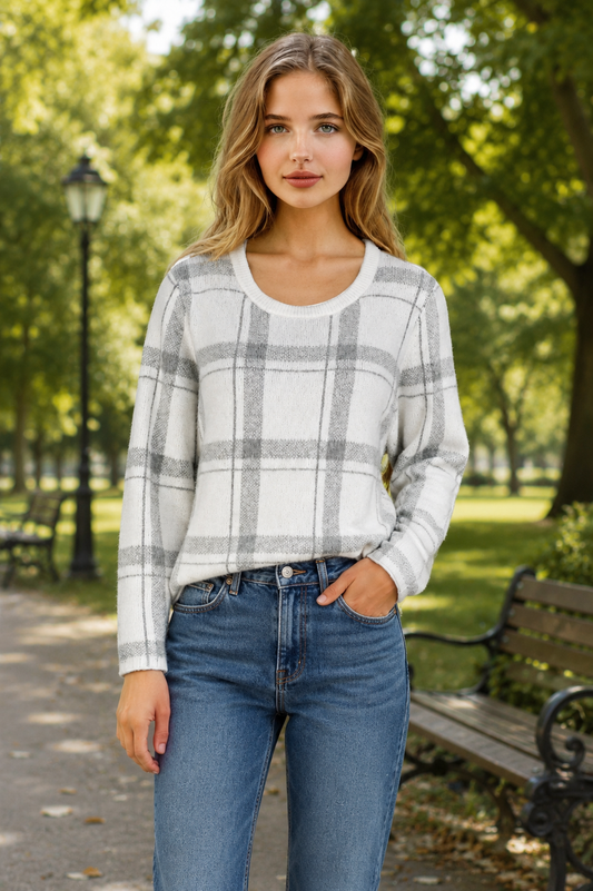 Women's White Check Design Crew Neck Jumper
