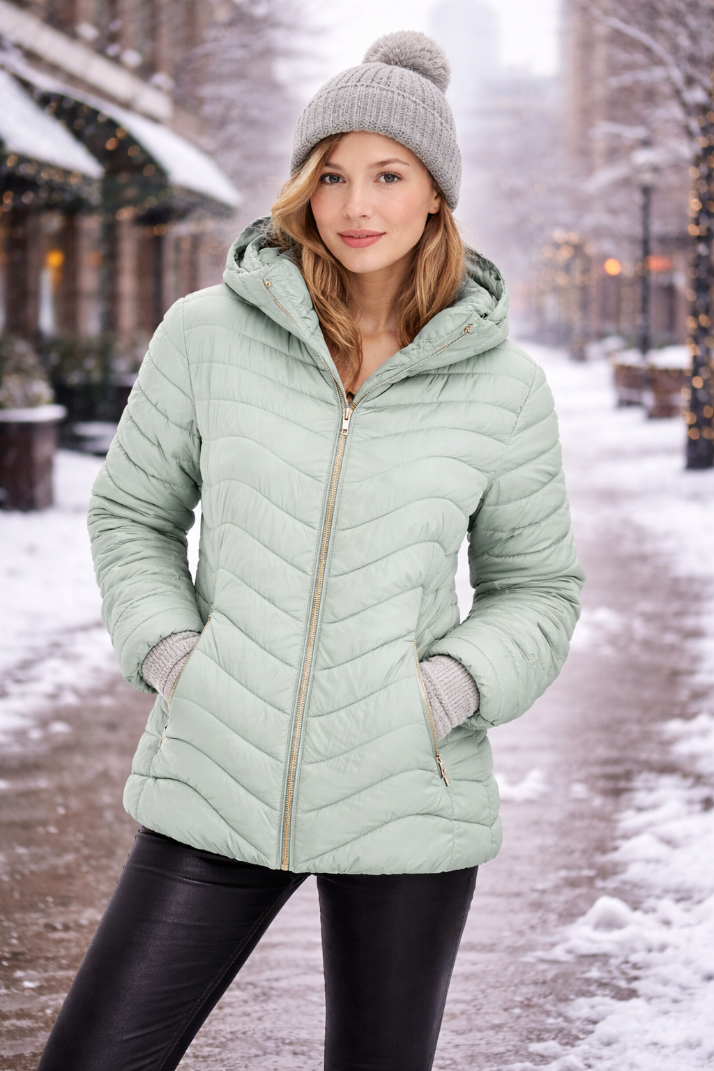 Women's Light Green Padded Jacket with Faux Fur Lining
