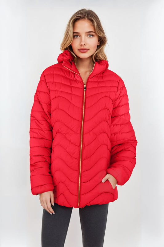 Women's Red Padded Jacket with Faux Fur Lining