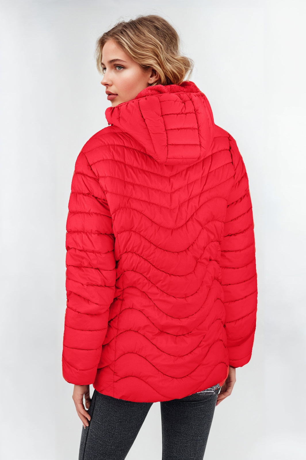 Women's Red Padded Jacket with Faux Fur Lining