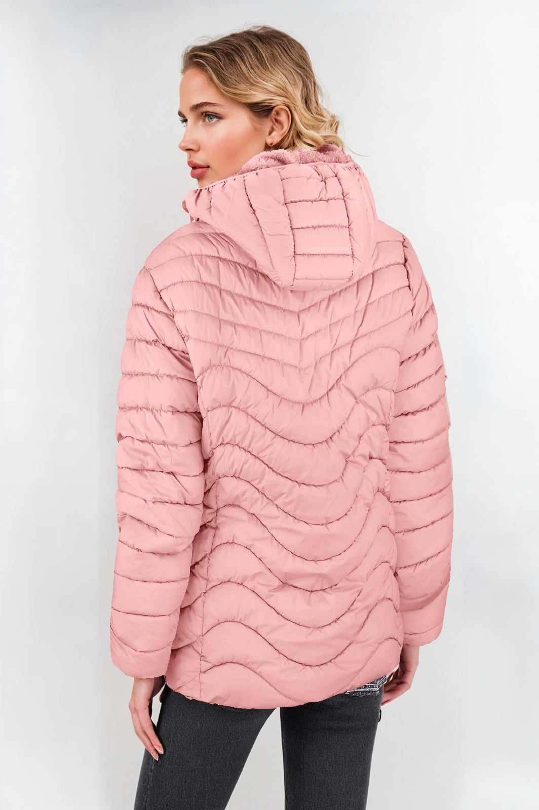Women's Pink Padded Jacket with Faux Fur Lining