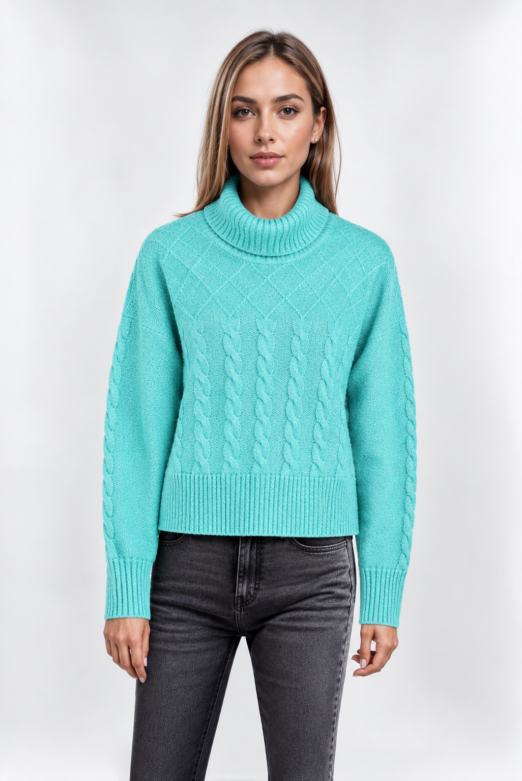 Women's Green Teal Short Rolled Collar Chic Jumper – Stylish & Comfortable Sweater