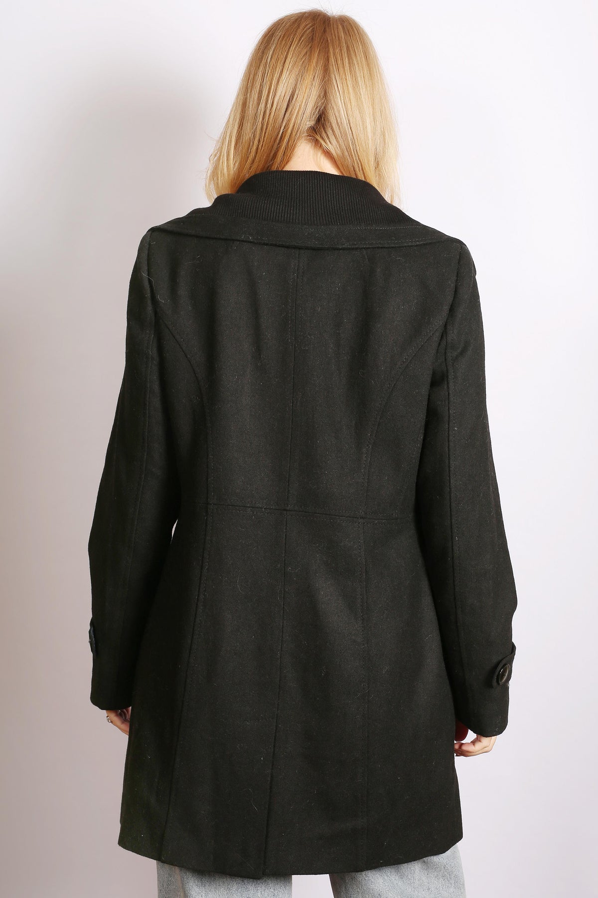 Women's Black Knit Trim Pea Coat