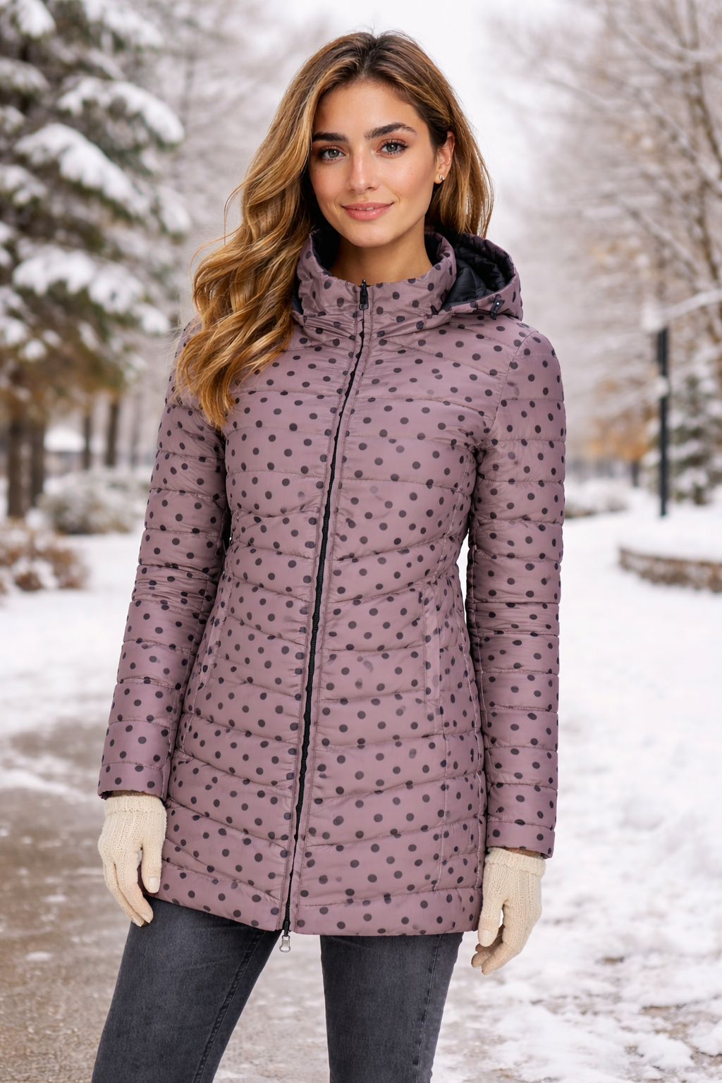 Women’s Polka Dot Hooded Puffer Jacket – Lightweight Winter Coat