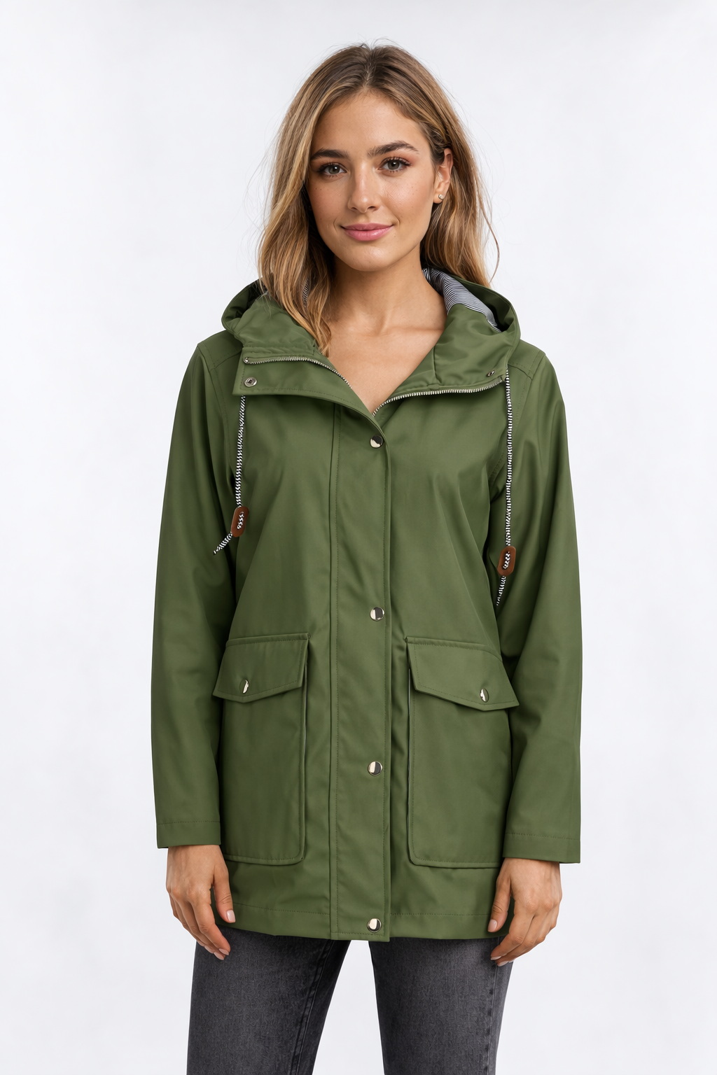 Women's Waterproof Hooded Rain Jacket with Striped Lining - Olive Green