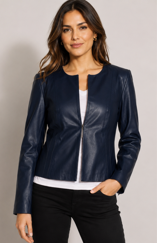 Women's Navy Cropped Leather Jacket – Edge-to-Edge Design