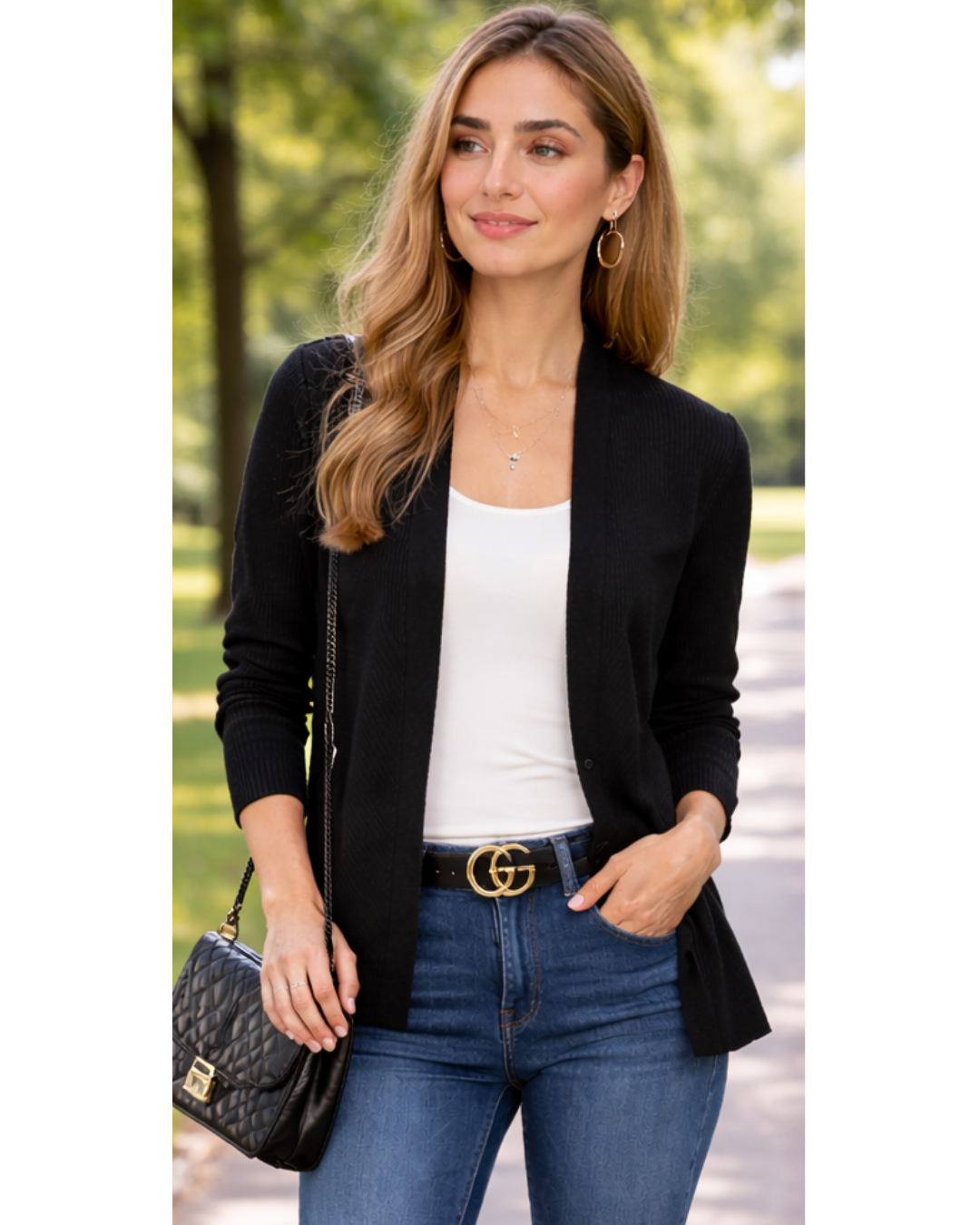 Black Lightweight Open-Front Knit Cardigan Sweater for Women