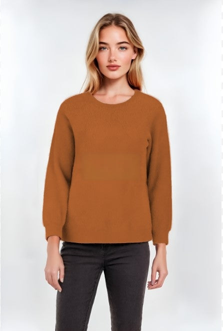 Women's Brown Shaggy Crew Neck Jumper